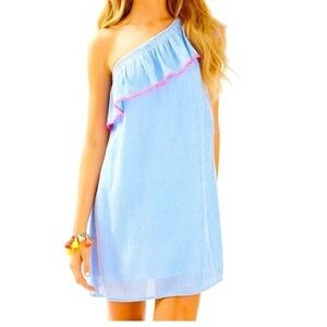 Lily Pulitzer Womens Textured Stripe Print One Shoulder Shift Dress Blue Size XS